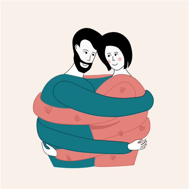 Ein junges Paar umarmt sich sehr eng mit sehr langen Armen, wickelt sich gegenseitig ein. Liebesbeziehung und Interdependenzkonzept. Hergestellt im Vektor. - Vektor, Bild