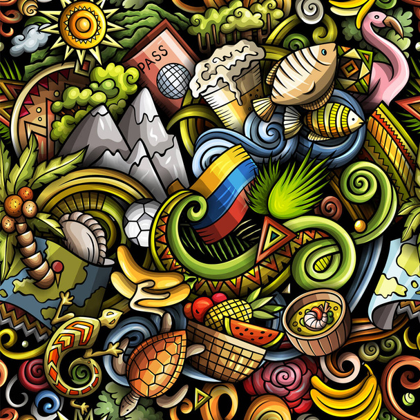 Cartoon doodles Εκουαδόρ χωρίς ραφή μοτίβο. Backdrop με Εκουαδόρ σύμβολα πολιτισμού και τα στοιχεία. Πολύχρωμο φόντο για εκτύπωση σε ύφασμα, ύφασμα, ευχετήριες κάρτες, κασκόλ, ταπετσαρία - Φωτογραφία, εικόνα