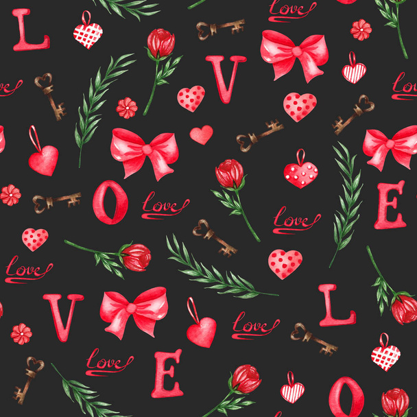Watercolor seamless pattern of love elements, hearts, letters, arrow, buntings. Valentines seamless backgrouns for prints on fabric, paper, clothes. - Foto, Imagen