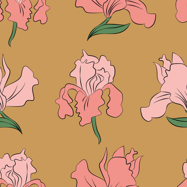 Iris Modern flowers seamless pattern design. Seamless pattern with spring flowers and leaves. Hand drawn background. floral pattern for wallpaper or fabric. Botanic Tile. - Wektor, obraz