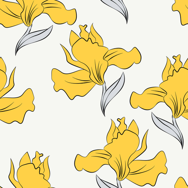 Iris flores modernas diseño de patrón sin costura. Patrón sin costuras con flores y hojas de primavera. Fondo dibujado a mano. patrón floral para papel pintado o tela. Azulejos botánicos. - Vector, imagen