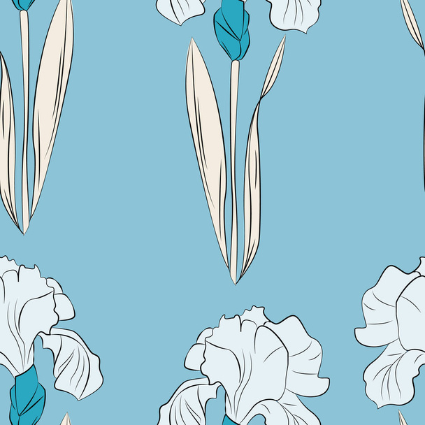 Iris Modern virágok zökkenőmentes minta design. Zökkenőmentes minta tavaszi virágokkal és levelekkel. Kézzel rajzolt háttér. virágmintás tapéta vagy szövet. Botanikus cserép. - Vektor, kép