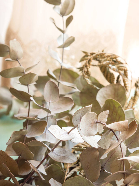 Ein Bündel getrockneter Blumen und Eukalyptuszweige auf grünem Hintergrund - Foto, Bild