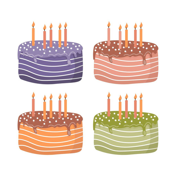 Syntymäpäivä kakkuja kynttilöitä monivärinen joukko. Vektorikuvien eristäminen lomakorttien ja kutsujen suunnittelua varten. - Vektori, kuva