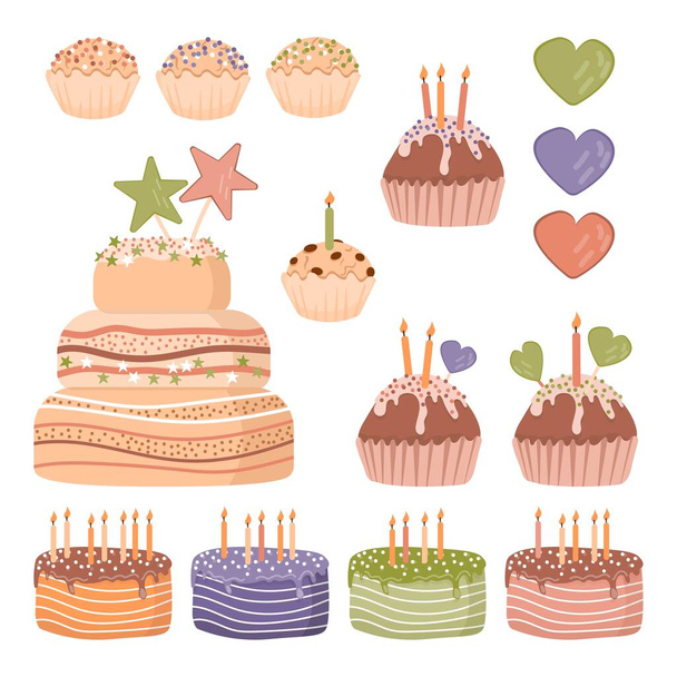 Un set di torte e cupcake con candele di compleanno. Illustrazione vettoriale isolata per la progettazione di biglietti da visita e inviti. - Vettoriali, immagini
