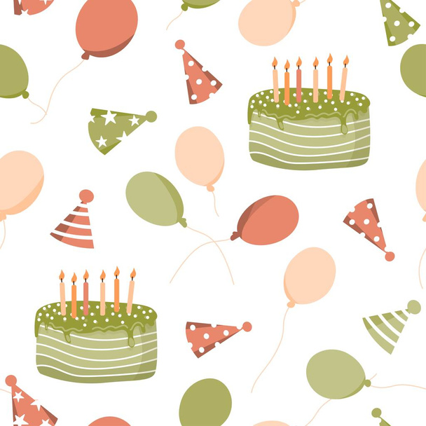 Απρόσκοπτη διανυσματικό μοτίβο των καπέλων γιορτή, κέικ και μπαλόνια σε παστέλ χρώματα. Εορταστικό φόντο γενεθλίων, ταπετσαρία και το πρότυπο για το σχεδιασμό. - Διάνυσμα, εικόνα