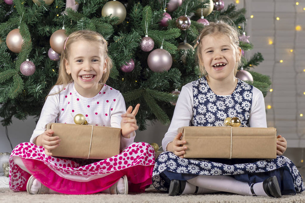 可愛いです女の子子供二人クリスマスツリーに座っていますとともにプレゼントボックス - 写真・画像