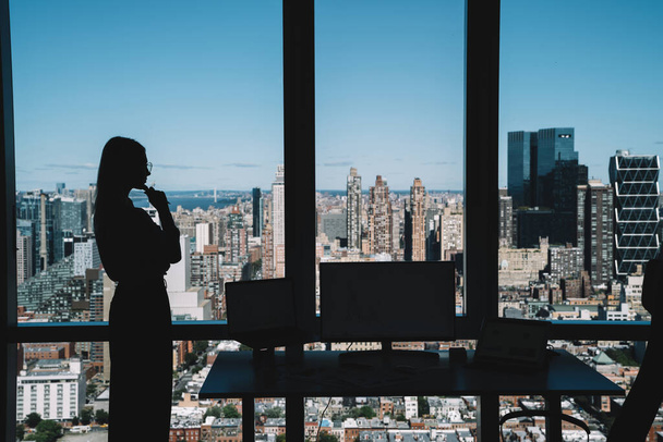 Side view silhouette of female entrepreneur touching chin and standing near glass window against urban metropolis environment while working in contemporary office - Фото, зображення