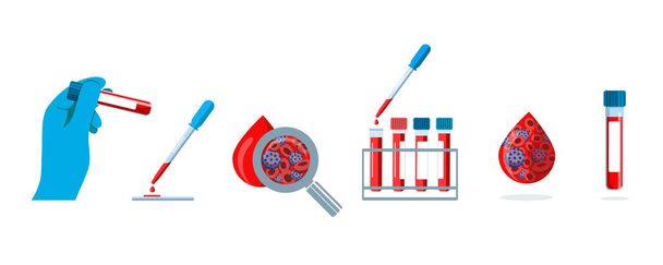 Medical test tubes with blood samples. The patients blood in pipettes for analysis. Laboratory research concept for biochemistry and viruses. Blood donation. Blood plasma with viruses. Vector set - Vector, Image