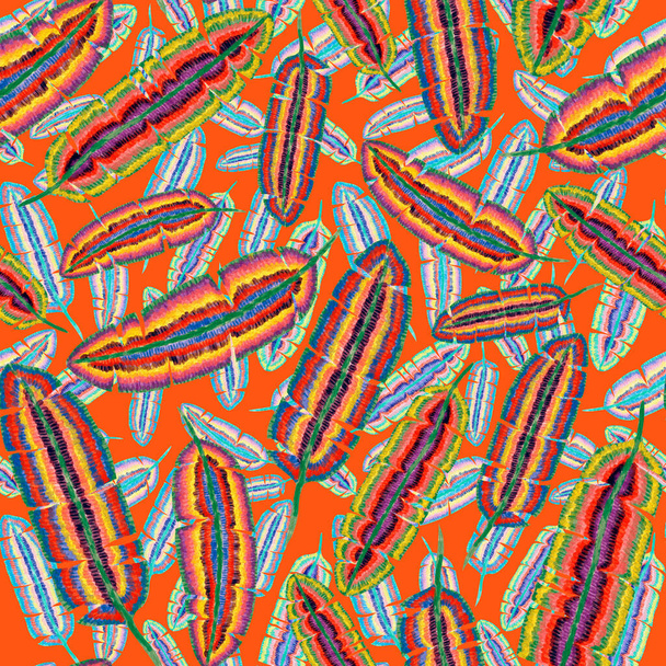 Modern abstract seamless pattern with creative colorful tropical leaves. Retro bright summer background. Jungle foliage illustration. Swimwear botanical design. Vintage exotic print. - Valokuva, kuva