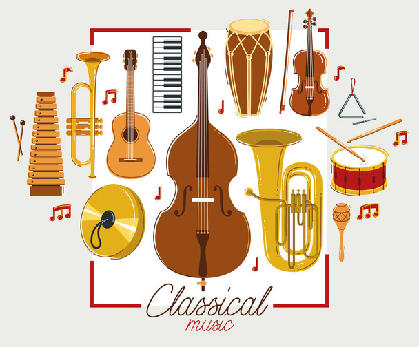 Instrumentos de música clássica poster vector estilo plano ilustração, orquestra clássica flyer acústico ou banner, concerto ou festival som ao vivo, diversidade de ferramentas musicais. - Vetor, Imagem