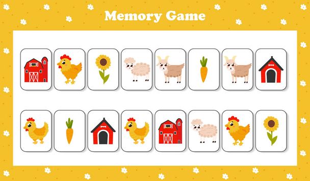 Memory game with farm themed cards in cartoon style with animals, vegetables and barnhouse, printable worksheet for kids, logical puzzle - Vector, Imagen