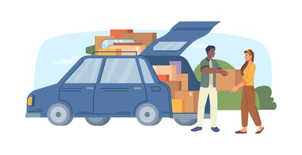 People load boxes in a minivan, moving relocation - Vector, Image