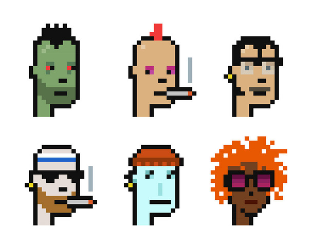 Cryptopunk NFT Sammlung. Verschiedene 8 Bit Retro Pixel Kunstcharakter. Zombie-, Punk-, Menschen- und Alien-Spiel. Flache Vektorabbildung auf weißem Hintergrund - Vektor, Bild