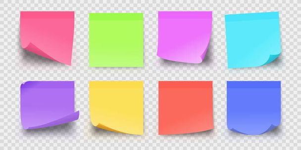 Realistic office sticky paper reminder notes in colors. Adhesive square memo pages for important messages. Sticker post notepad vector set - Vetor, Imagem