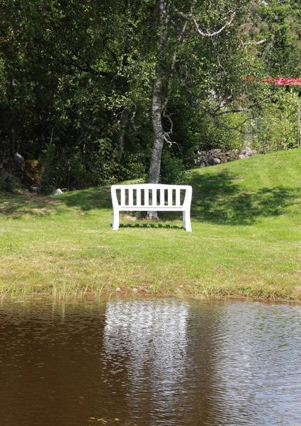 水の反射と湖で白いベンチ - 写真・画像