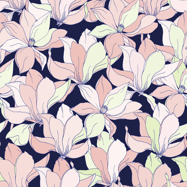 Duże różowe kwiaty magnolii na niebieskim tle, bezszwowy wzór kwiatowy na tkaninę i papier - Wektor, obraz