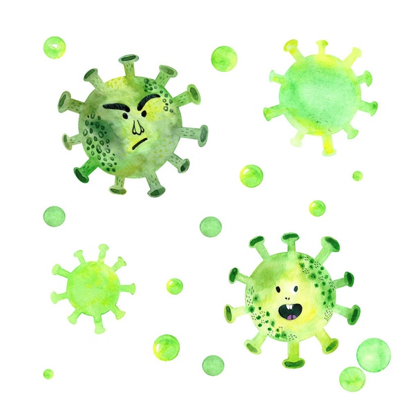 Akvarel ilustrace koronavirus molekule.Coronavirus ohnisko a koronaviry chřipka nebezpečné chřipky kmen případy jako pandemické zdravotní riziko - Fotografie, Obrázek