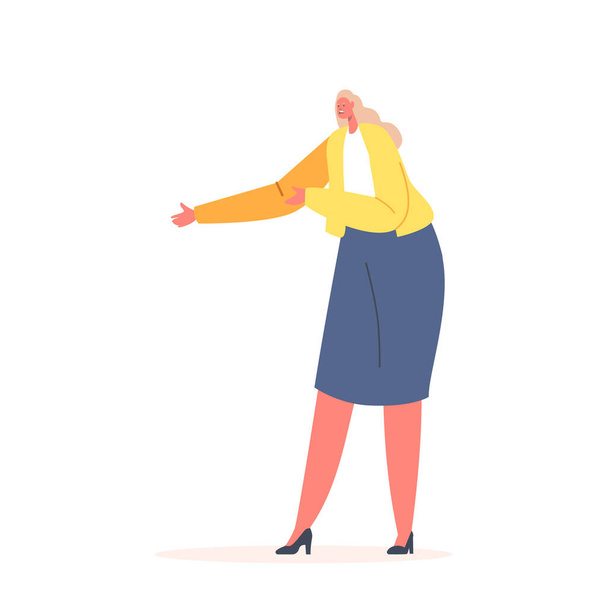 Felnőtt Női karakter Viseljen sárga kabátot és szoknya Gesztikulálás karokkal, megoldása kérdések, Magyarázza meg valamit, Üzletasszony - Vektor, kép