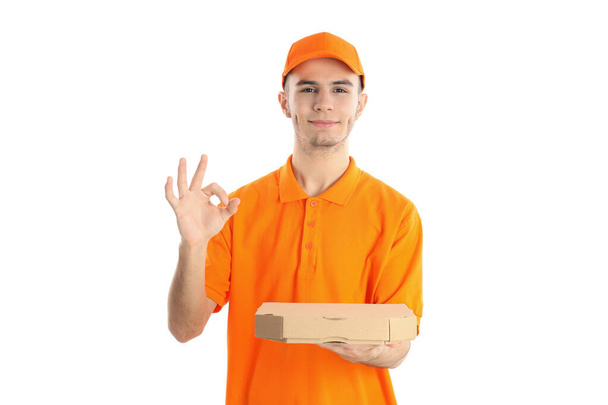 Delivery man with pizza box isolated on white background - Photo, Image