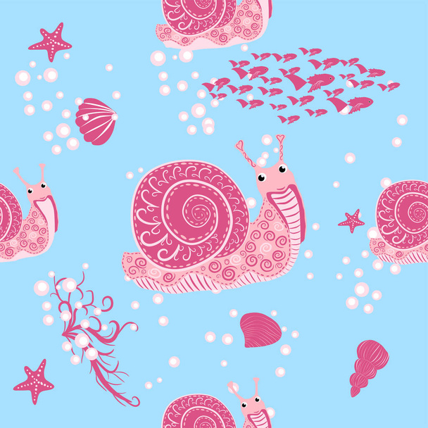Snail pink, sea inhabitants seamless pattern, beautiful character among seashells, seaweed, starfish, sea animals of wildlife. - Vektör, Görsel