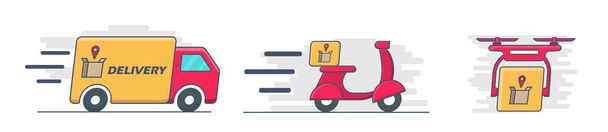 Delivery transport icon set, scooter, bus, drone. Delivery service express. Logistic icon for app in linear with color style. - Vector, Image