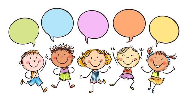 Happy doodle kids in a row with speech bubbles - Vector, Image