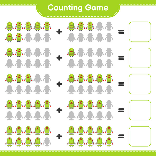 Számolj és egyezz, számold meg a Robot Karakter számát és egyezz a megfelelő számokkal. Oktatási gyermek játék, nyomtatható munkalap, vektor illusztráció - Vektor, kép