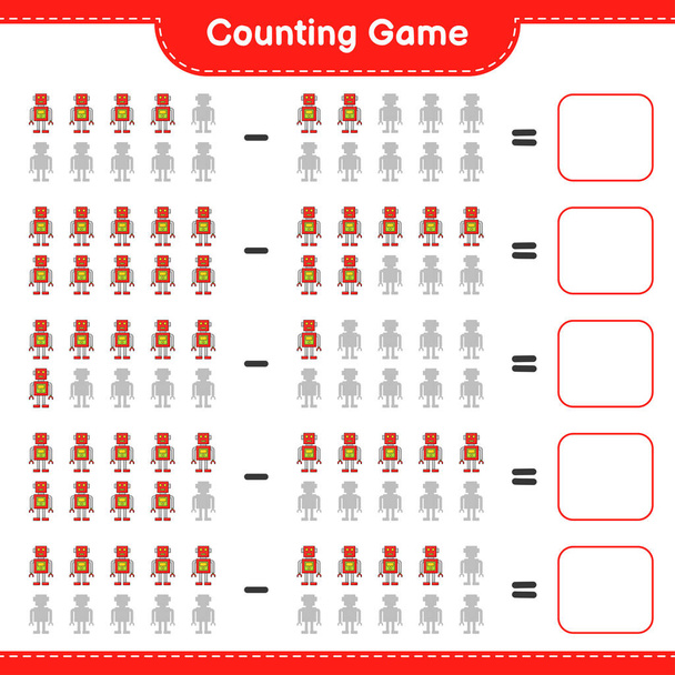 カウントして一致させ、ロボットキャラクターの数を数え、正しい数と一致させます。教育用子供ゲーム,印刷可能なワークシート,ベクトルイラスト - ベクター画像
