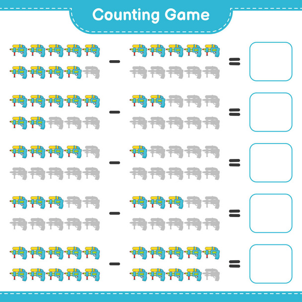 Tel en match, tel het aantal Water Gun en match met de juiste nummers. Educatieve kinderen spel, Werkblad afdrukken, vectorillustratie - Vector, afbeelding