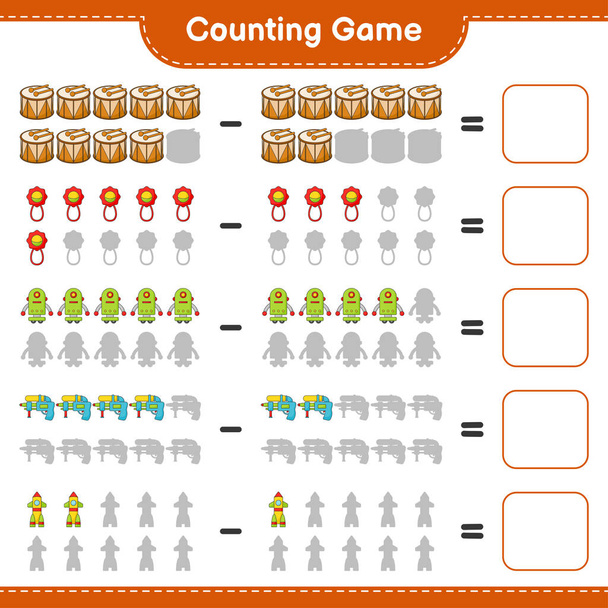 Počítejte a zápas, spočítejte počet Baby Rattle, Robot Character, Water Gun, Rocket, Drum a zápas se správnými čísly. Vzdělávací dětská hra, tisknutelný list, vektorová ilustrace - Vektor, obrázek