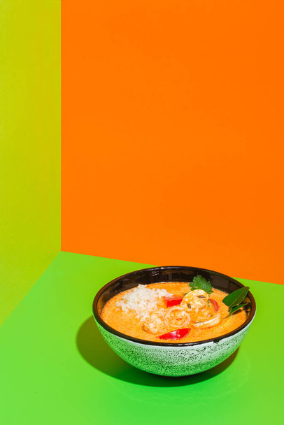Tom Yum Goong Nam Kon Thai Soup with Shrimps, Enoki Mushrooms and Fresh Chili - 写真・画像