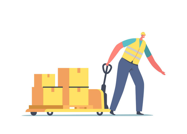 Transporte de carga, concepto logístico de almacenamiento. Trabajador en camión de mano de tirón uniforme con cajas de cartón. Exportación, importación - Vector, Imagen