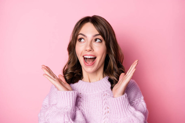 Photo of dreamy lady look up empty space open mouth wear knitted sweater isolated pink color background - Foto, afbeelding