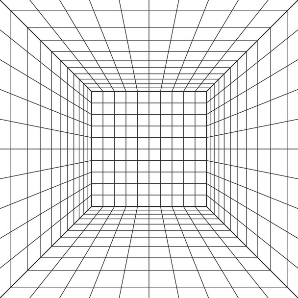 Cube perspective Wireframe. Salle de grille de fil 3D. Grille laser perspective 3d. Cyberspace fond blanc avec maille noire. Espace de couloir numérique futuriste dans la réalité virtuelle. Illustration vectorielle - Vecteur, image