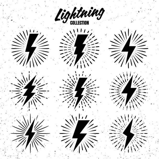 Set of vintage lightning bolts and sunrays on grunge background. Lightnings with sunburst effect. Thunderbolt, electric shock sign. Vector illustration. - Vector, Image