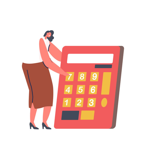 Personaje de negocios sosteniendo enorme calculadora en las manos aisladas sobre fondo blanco. Mujer Trabajando, Contando Porcentaje - Vector, Imagen