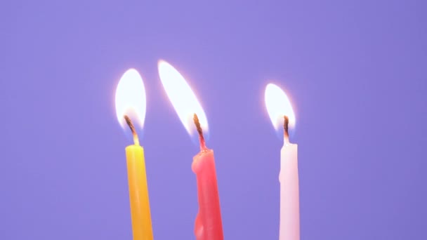 Widok na Zdmuchnięcie Trzy świece ciasto spalania na fioletowym tle. Zbliżenie na cios z żółtych, różowych i magenta świec ciasto. Full HD rozdzielczość slow motion szczęśliwy urodziny wideo - Materiał filmowy, wideo