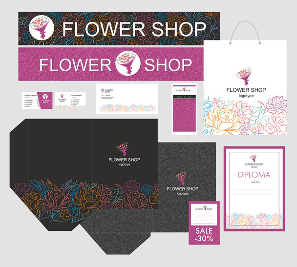Corporate identity flower shop. A set of corporate identity. Signboards, package, diploma, price tag and business cards. Logo and corporate environment. Linear stylish flowers - ベクター画像