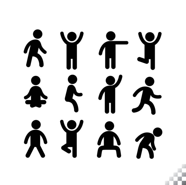 Черные иконки символа людей, простые фигуры в простых позах низкой высоты профиля - Вектор,изображение