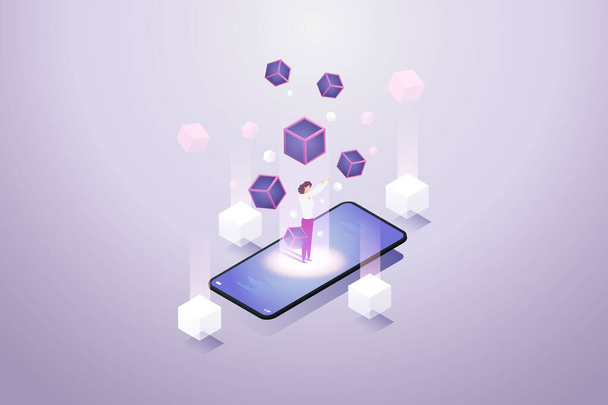 Woman stands on smartphone and experiences Blockchain technology. Future Technology Concept Blockchain Cryptocurrency. isometric vector illustration. - Вектор, зображення