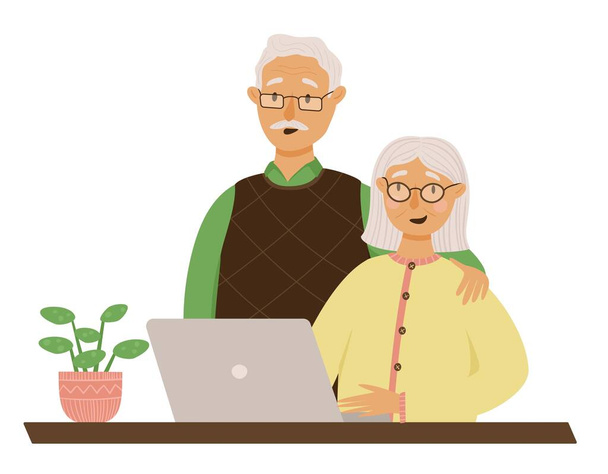 Счастливые пенсионеры работают за компьютером. Милая бабушка учится в интернете, и ее муж поддерживает ее. Современные технологии для пожилых людей. Векторная иллюстрация на белом фоне. - Вектор,изображение
