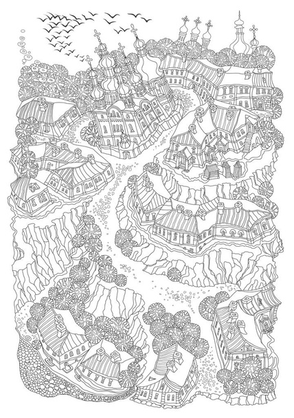 Vector black and white fantasy landscape, fairy small town buildings, church, garden and flying birds on a white background. T-shirt print. Adults Coloring Book page  - Vector, Image