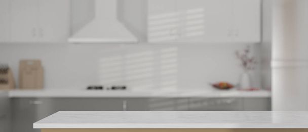 Moderna mesa superior blanca vacía para montar su presentación del producto sobre borrosa moderna cocina blanca contemporánea en el fondo. representación 3d, ilustración 3d - Foto, Imagen
