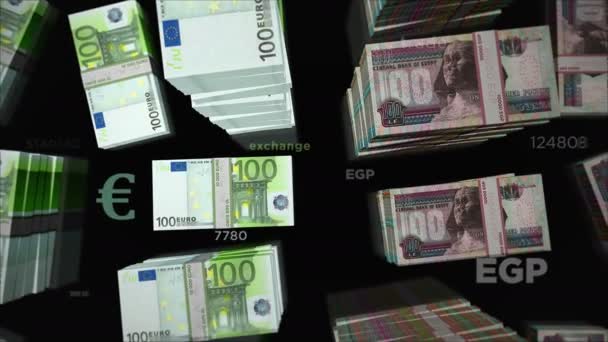 Euro ve Mısır Pound para değişimi. Kağıt banknotlar tomar tomar. Ticaret, ekonomi, rekabet, kriz, bankacılık ve finans kavramı. Döngüsüz 3D canlandırma notaları. - Video, Çekim