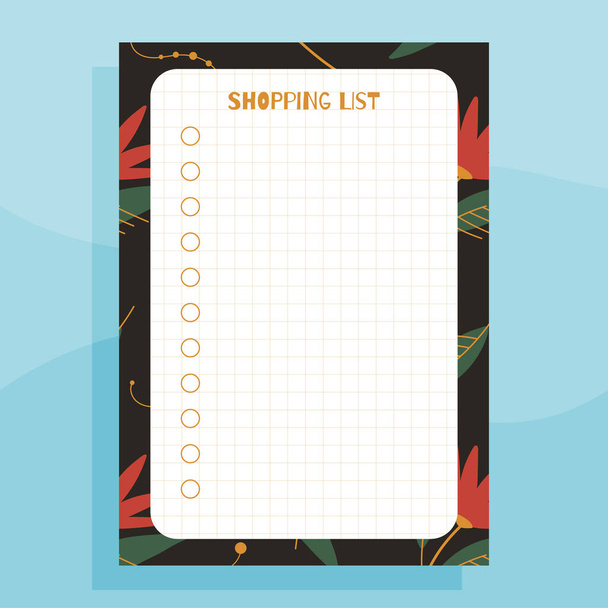 Shopping list planner print concept template. With hand drawn exotic floral leaves pattern. Vector - Vector, Image