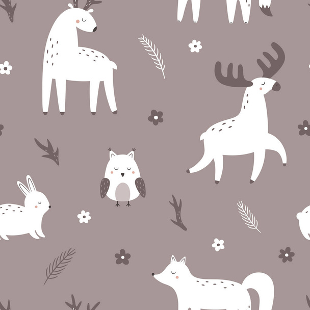 Seamless pattern with forest animals. Deer, elk, owl, hare, fox. Vector illustration on a dark background - Vector, imagen