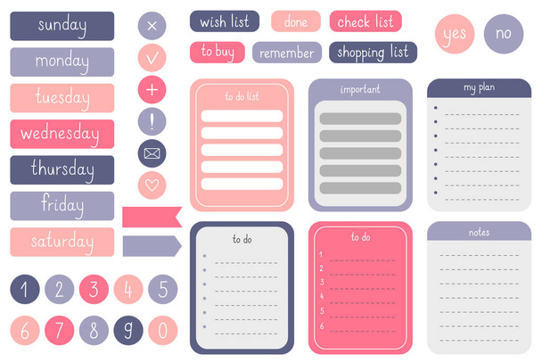 A set of elements for a notepad, planner, diary. Stickers for scrapbooking. To-do list, frames, bookmarks, frames, days of the week, numbers. Vector illustration - Vector, Image