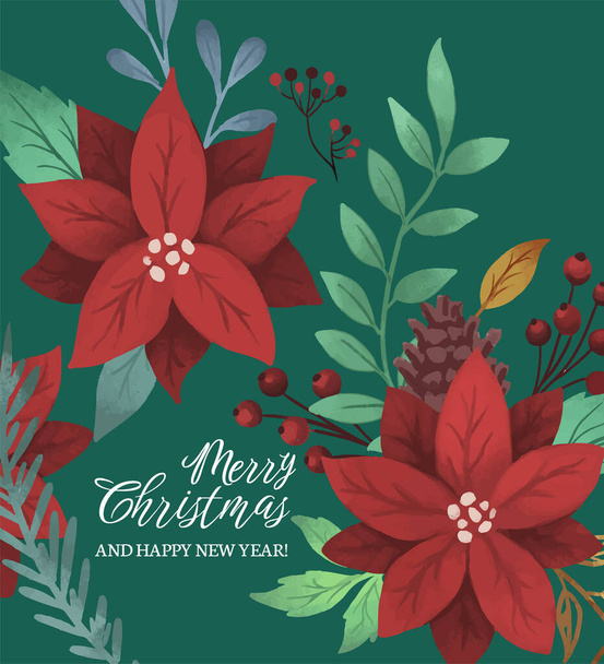  荒々しい質感の赤い花とクリスマスカード - ベクター画像