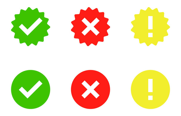 Set groene vinkjes, rode x markering en gele uitroeptekens, knoppen op witte achtergrond. - Vector, afbeelding